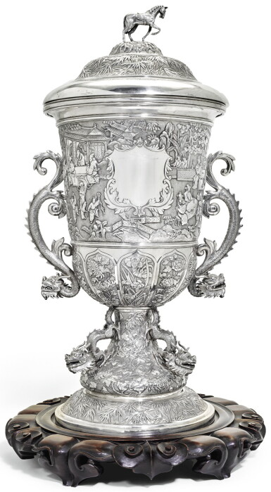 View full screen - View 1 of Lot 80. A MONUMNENTAL CHINESE EXPORT SILVER RACING CUP AND COVER, RETAILED BY WANG HING, CANTON, CIRCA 1880.