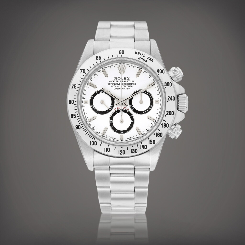 View full screen - View 1 of Lot 2106. Cosmograph Daytona, Reference 16520 | A stainless steel chronograph wristwatch with bracelet, Circa 1997 | 勞力士 | Cosmograph Daytona 型號16520 | 精鋼計時鏈帶腕錶,約1997年製.
