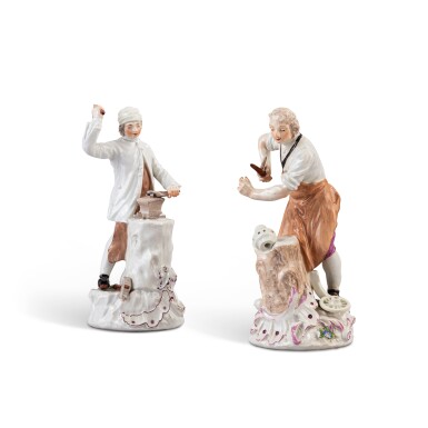 View full screen - View 1 of Lot 390. Two Meissen porcelain figures of a wheel and cartwright and a blacksmith from The Artisans series, circa 1755-60.
