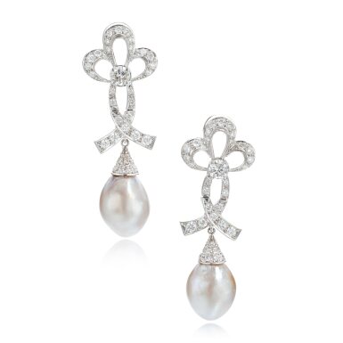 View full screen - View 1 of Lot 880. Pair of natural pearl and diamond pendent earrings.