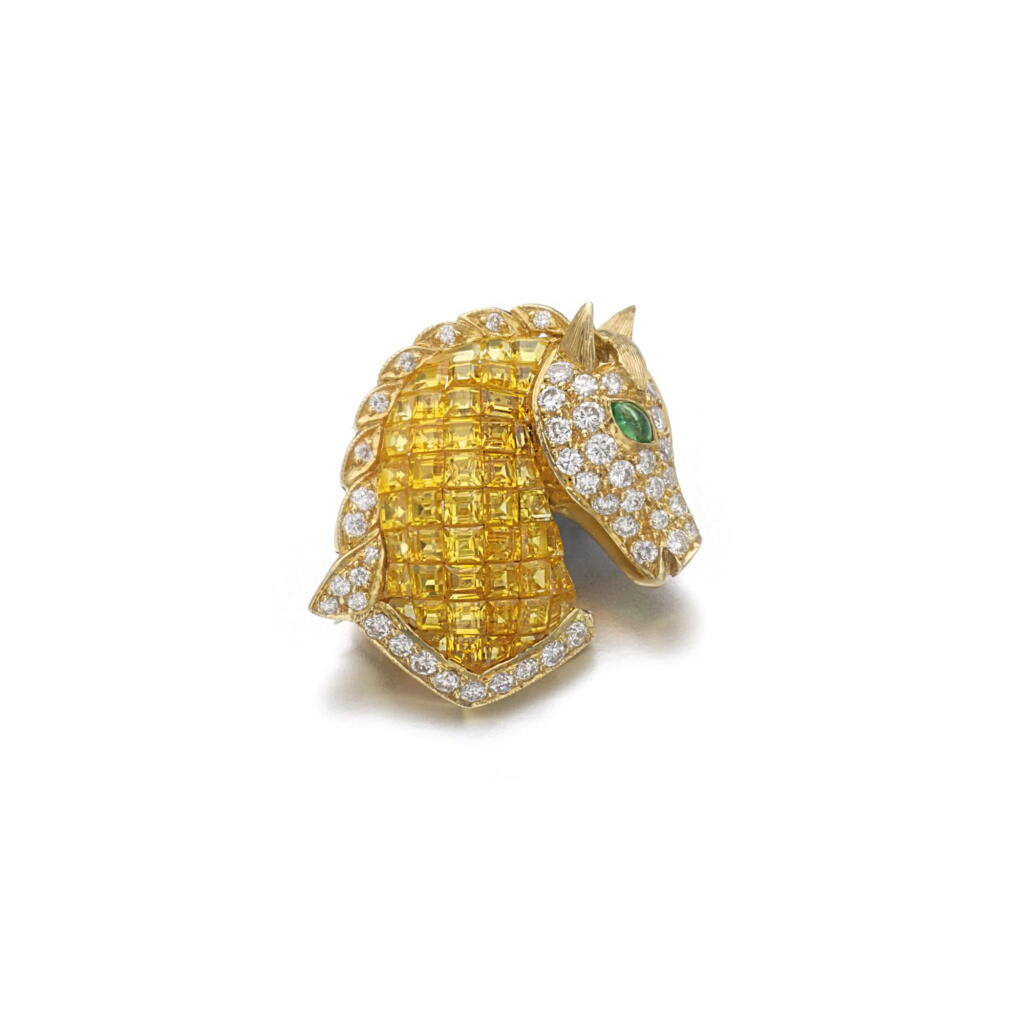 View full screen - View 1 of Lot 56. YELLOW SAPPHIRE AND DIAMOND BROOCH, CHATILA.