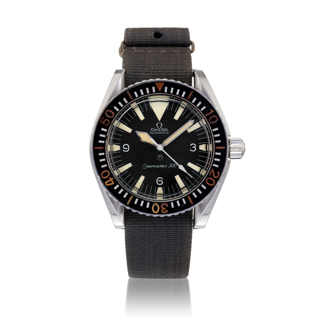 View full screen - View 1 of Lot 113. Reference ST165.024 Seamaster 300, A stainless steel automatic wristwatch, Made for the British Military in 1970 歐米茄 ST165.024 型號 Seamaster 300 精鋼自動上鏈腕錶,1970年為英軍製造.