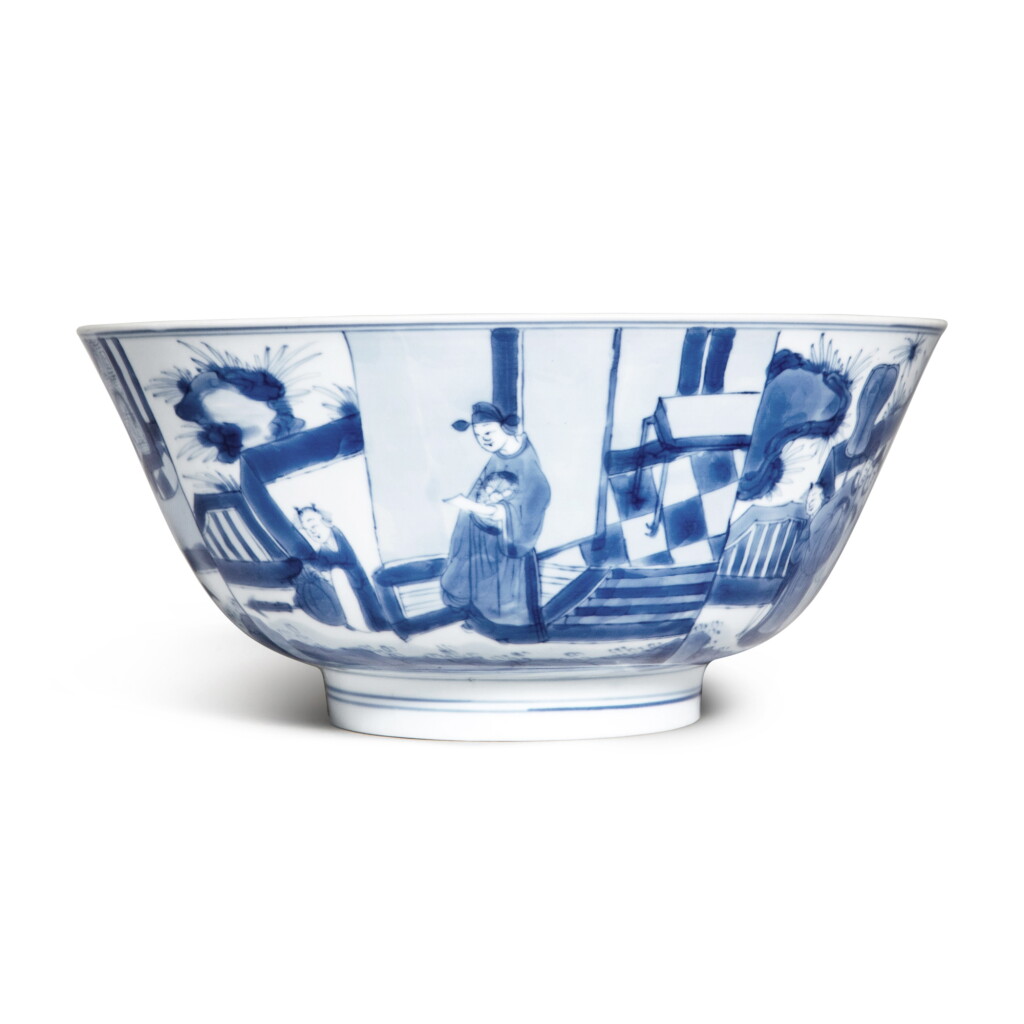 View full screen - View 1 of Lot 1100. A blue and white 'Romance of the Western Chamber' bowl, Mark and period of Kangxi | 清康熙 青花西廂記故事圖盌 《大清康熙年製》款.
