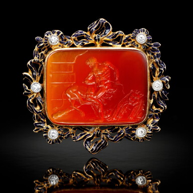 View full screen - View 1 of Lot 292. Intaglio with Hercules tying up the three headed dog Cerberus.