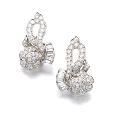 View full screen - View 1 of Lot 110. PAIR OF DIAMOND EAR CLIPS, 1960S.