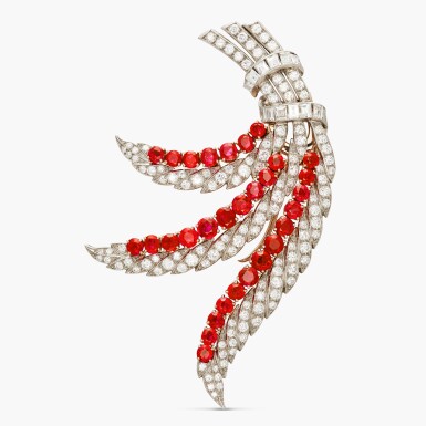 View full screen - View 1 of Lot 418. Ruby and Diamond Clip-Brooch.