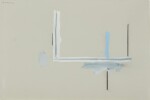Open No. 128: Charcoal with Blue on Raw Canvas