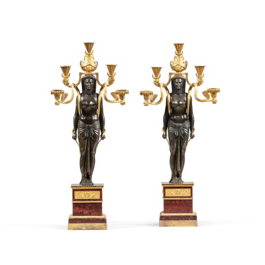 View full screen - View 1 of Lot 60. A pair of Consulate gilt and patinated mercury gilt bronze with rouge griotte marble five-light candelabra "aux égyptiennes", circa 1803, under the direction of the marchand-mercier Martin-Eloi Lignereux, from the Elgin collection | Paire de candélabres à cinq lumières aux égyptiennes en bronze patiné et doré au mercure, marbre rouge griotte d’époque Consulat, vers 1803, exécutée sous la direction du marchand-mercier Martin-Éloi Lignereux, provenant des collections de Lord Elgin.