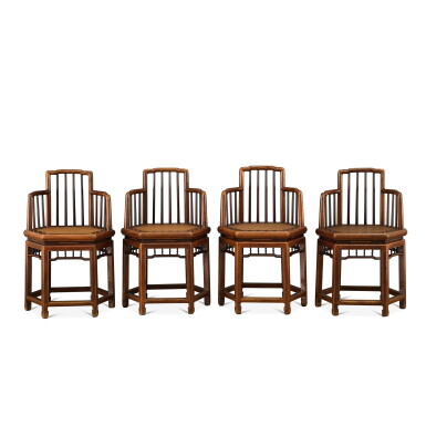View full screen - View 1 of Lot 485. A set of four jumu hexagonal armchairs, Qing dynasty 清 櫸木六方扶手梳背椅四張成堂.