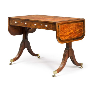 View full screen - View 1 of Lot 86. A late George III boxwood and ebony strung mahogany and rosewood banded sofa table, early 19th century, attributed to Gillows.