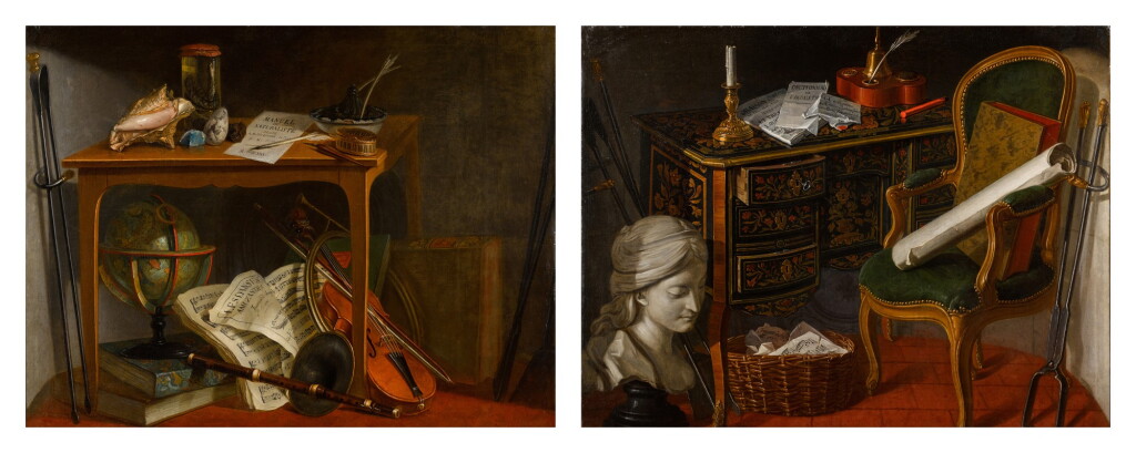 View full screen - View 1 of Lot 55. NICOLAS HENRI JEAURAT DE BERTRY | STILL LIFE WITH SHELLS, A NATURALIST MANUAL, A PRESERVED SNAKE, AND MINERALS RESTING ON A TABLE, ABOVE MUSICAL INSTRUMENTS AND A MUSICAL SCORE, WITH FIRE TONGS ALONGSIDE; AND STILL LIFE WITH AN INLAID WRITING DESK, CHAIR, CLASSICAL FEMALE BUST, PAPERS, INKWELL, MUSICAL MANUSCRIPT AND FIRE TONGS.