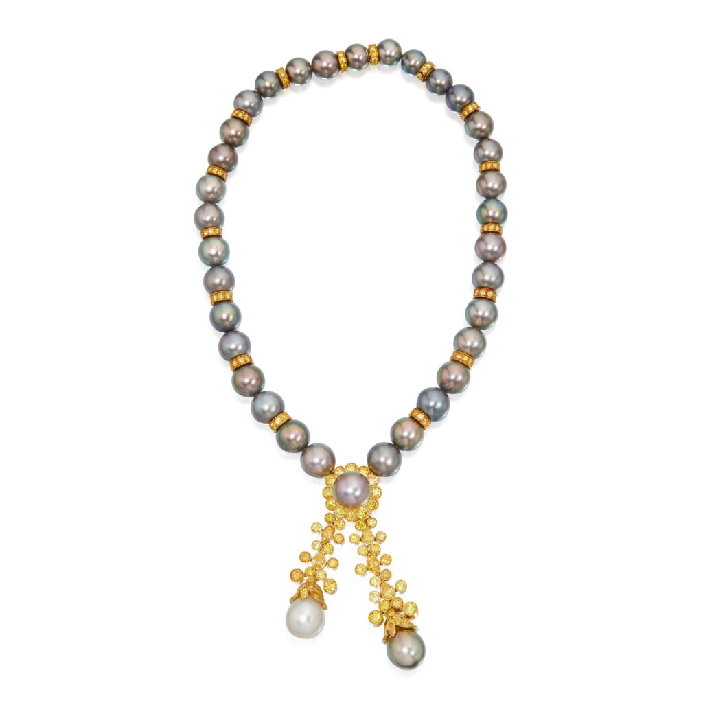 View full screen - View 1 of Lot 92. CULTURED PEARL AND COLORED DIAMOND NECKLACE, VAN CLEEF & ARPELS.