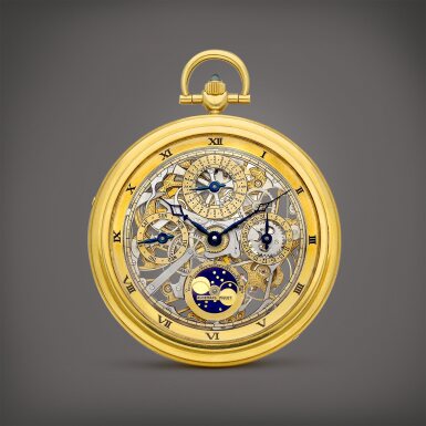 View full screen - View 1 of Lot 2134. Quantieme Perpetual | A yellow gold skeletonised perpetual calendar open face keyless watch with day, date, moon phases and leap year indication, Circa 1982 | 愛彼 | Quantieme Perpetual | 黃金鏤空萬年曆懷錶,備日期、星期、月相及閏年顯示,約1982年.