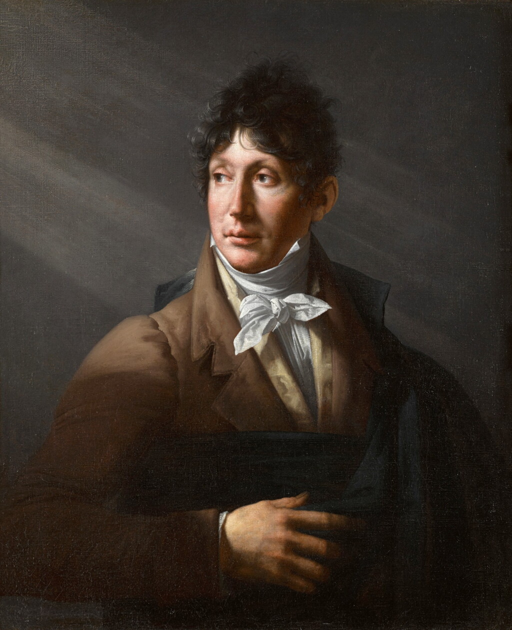 View full screen - View 1 of Lot 166. Portrait of a gentleman, half-length, wearing a brown coat, blue cloak and white cravat.