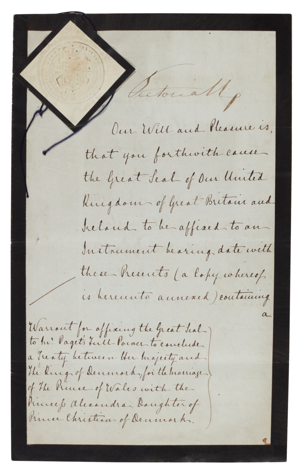 View full screen - View 1 of Lot 27. Queen Victoria | Document signed, warrant to negotiate the marriage of the Prince of Wales, 7 November 1862.