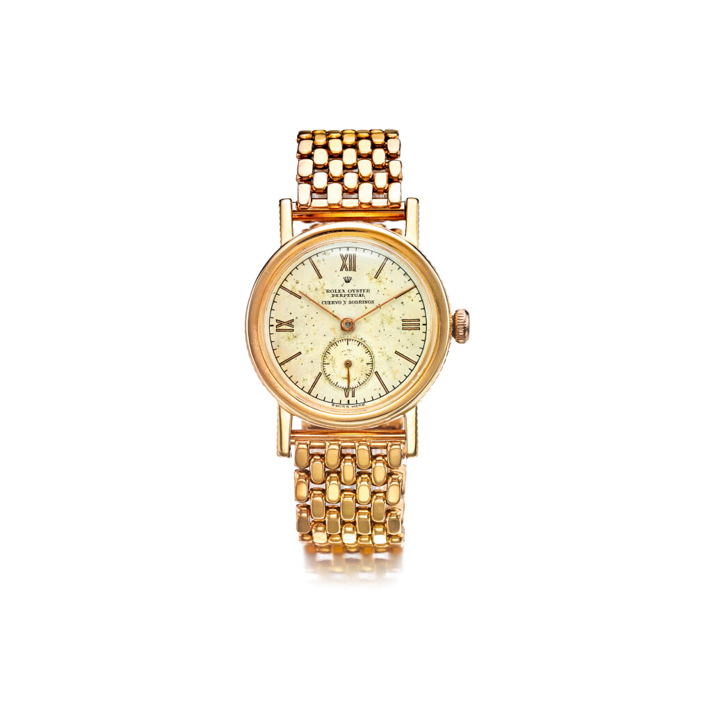 View full screen - View 1 of Lot 1074. ROLEX | REF 3548 'EMPIRE' RETAILED BY CUERVO Y SOBRINOS: A PINK GOLD AUTOMATIC WRISTWATCH WITH BRACELET, CIRCA 1947 | 勞力士 |3548型號「EMPIRE」粉紅金自動上鏈鍊帶腕錶,年份約1947.