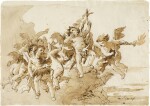 Cupid with amorini and a flaming torch amongst the clouds