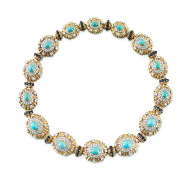 View full screen - View 1 of Lot 122. Turquoise, sapphire and diamond necklace .