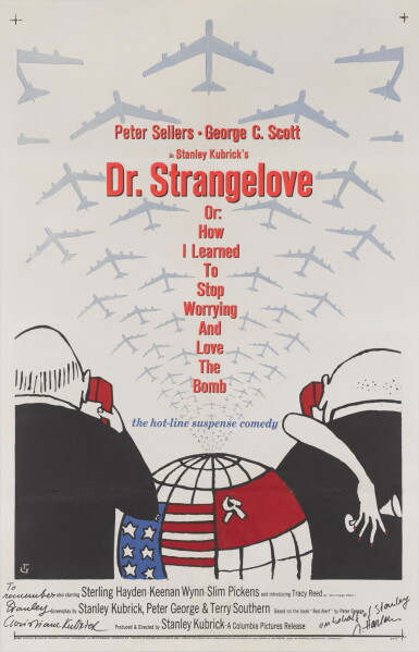 View full screen - View 1 of Lot 36. DR. STRANGELOVE (1964) POSTER, US, SIGNED BY CHRISTIANE KUBRICK AND JAN HARLAN.