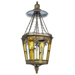 A Regency Gilt Brass, Clear and Amber Glass Hall Lantern, Circa 1815, after a design by George Bullock