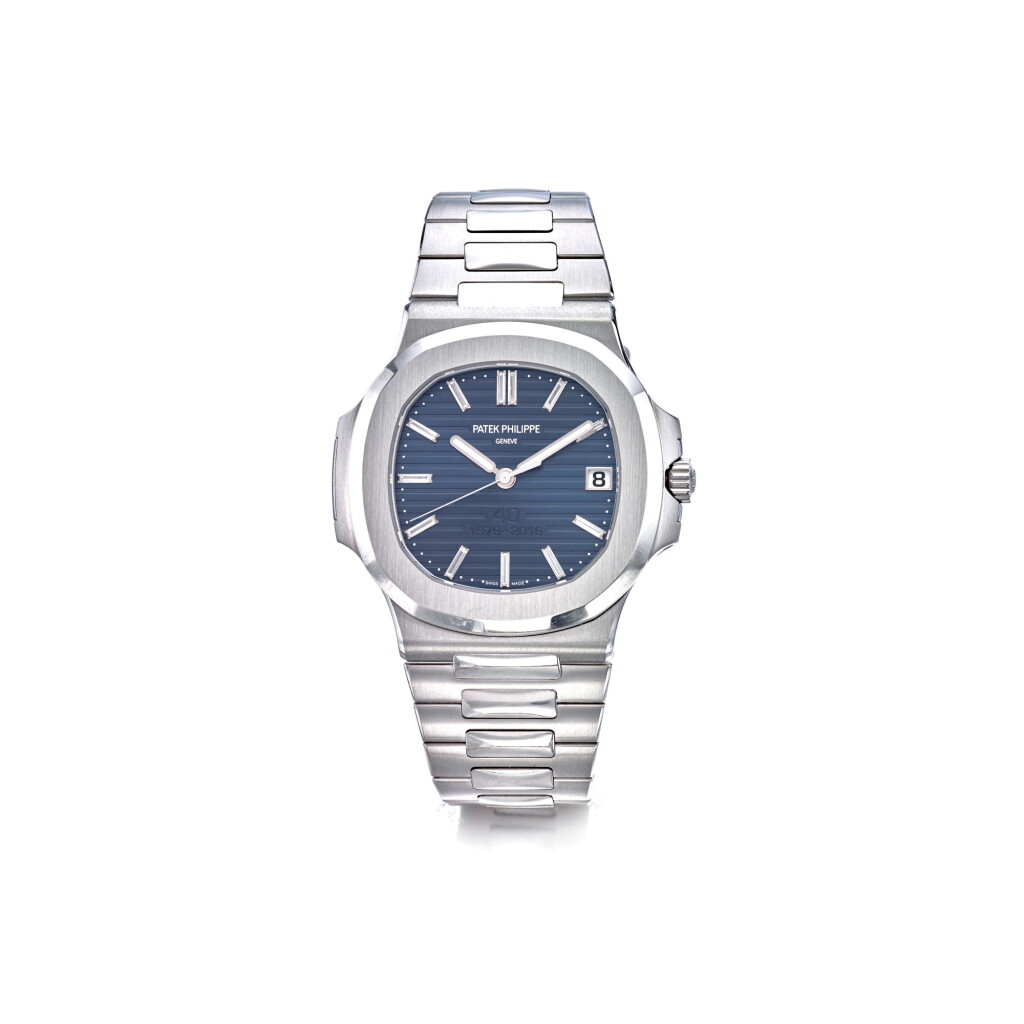View full screen - View 1 of Lot 961. PATEK PHILIPPE | REF 5711/1P NAUTILUS, A PLATINUM AUTOMATIC WRISTWATCH WITH DATE AND BRACELET MADE TO COMMEMORATE THE 40TH ANNIVERSARY OF THE NAUTILUS CIRCA 2016 | 百達翡麗 | /1P型號「NAUTILUS」鉑金自動上鏈鍊帶腕錶備日期顯示,為紀念NAUTILUS面世40週年製造,年份約2016.
