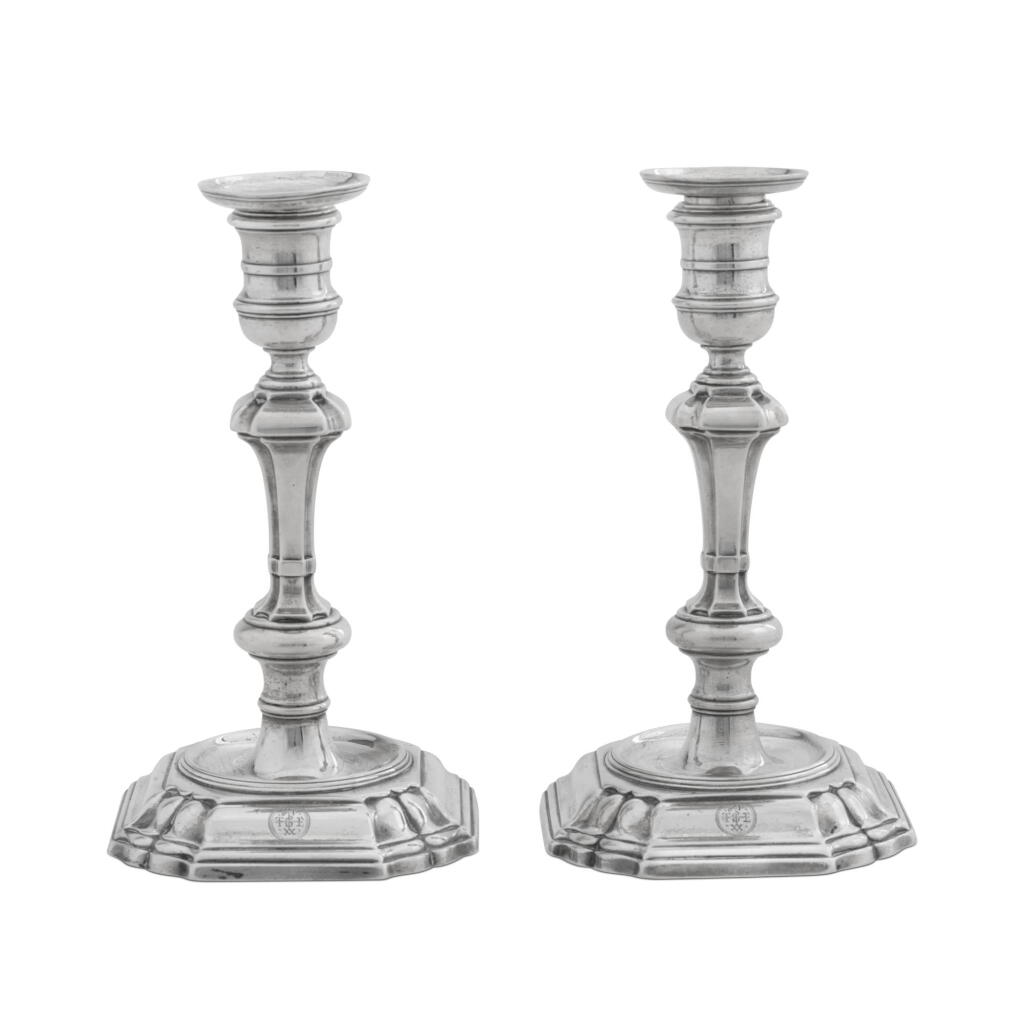 View full screen - View 1 of Lot 34. A pair of George II silver candlesticks, Augustin Courtauld, London 1741.
