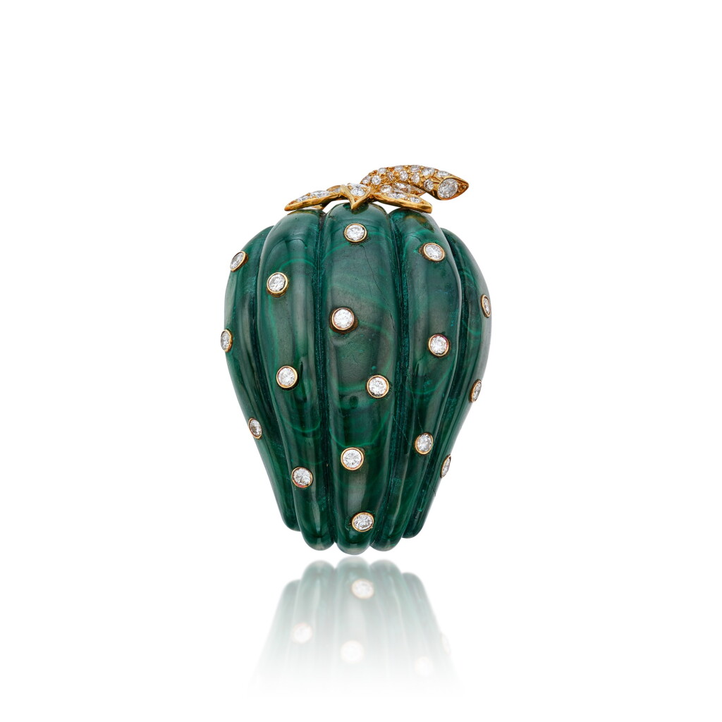 View full screen - View 1 of Lot 291. Malachite and Diamond Clip-Brooch.
