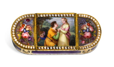 View full screen - View 1 of Lot 49. A pearl-set gold and enamel musical watch snuff box, Henri Neisser, Geneva, circa 1808.