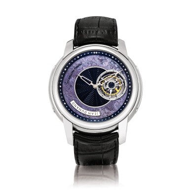 View full screen - View 1 of Lot 2243. Jean Dunand and Christophe Claret | Piece Unique Tourbillon Orbital, Reference IO1960, A unique white gold tourbillon wristwatch with moon phases, power reserve indication and purple hardstone dial, Circa 2009 | Piece Unique Tourbillon Orbital 型號IO1960 獨一無二白金陀飛輪腕錶,備月相、動力儲備顯示及紫色硬石錶盤,約2009年製.