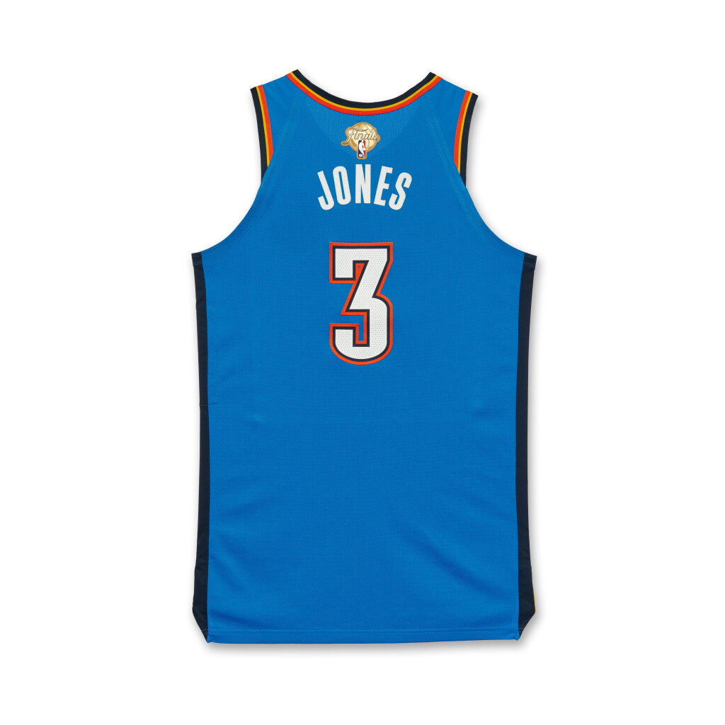 View full screen - View 1 of Lot 24. Dillon Jones Oklahoma City Thunder 2025 NBA Finals Game Issued Icon Edition Jersey | Game 3 | Probable Wear | Matched to Locker Room Image .