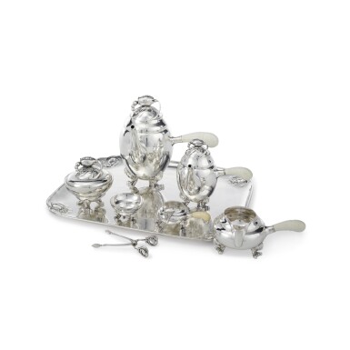 View full screen - View 1 of Lot 20. A THREE-PIECE DANISH SILVER BLOSSOM PATTERN COFFEE SET WITH TRAY, NO. 2, DESIGNED BY GEORG JENSEN, GEORG JENSEN SILVERSMITHY, COPENHAGEN, 20TH CENTURY.