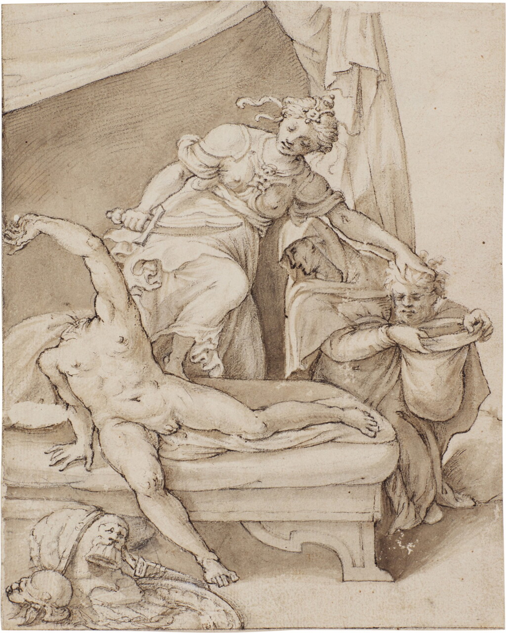 View full screen - View 1 of Lot 105. Recto: Judith and Holfernes; Verso: Studies of a standing youth, and an old man.