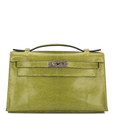 View full screen - View 1 of Lot 17. Hermès Vert Anis Lizard Mini Kelly Pochette.
