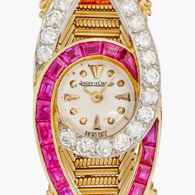 View full screen - View 1 of Lot 99. Retailed by Kutchinsky: A yellow gold, diamond and ruby-set bracelet watch, Circa 1961.