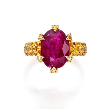 View full screen - View 1 of Lot 46. Ruby and Colored Diamond Ring.
