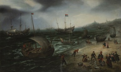 View full screen - View 1 of Lot 31. The fishing fleet coming ashore at Scheveningen, their unloaded catch displayed for sale, and a whaler and a man o' war in the offing | 《在席凡寧根泊岸的漁船,漁夫卸載漁獲,海面上的捕鯨船和戰艦》.
