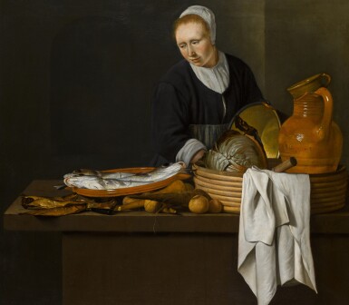 View full screen - View 1 of Lot 157. A kitchen scene with a maid standing by a table laden with fish.