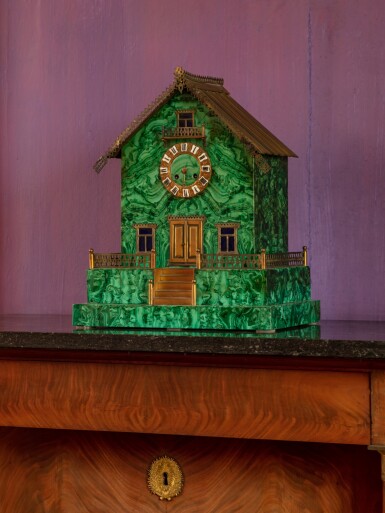 View full screen - View 1 of Lot 14. A Russian or French malachite clock, mid-19th century | Pendule en malachite, travail russe ou français, milieu du XIXe siècle.