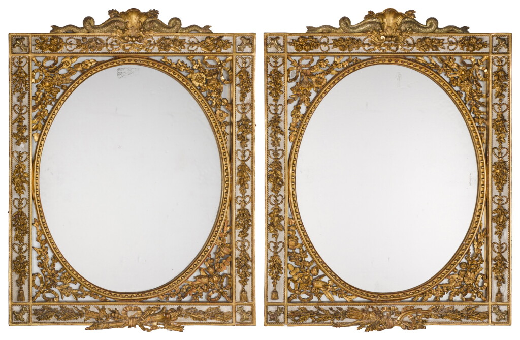 View full screen - View 1 of Lot 97. A pair of Louis XVI grey-painted and two-tone-gilded mirrors, circa 1780.