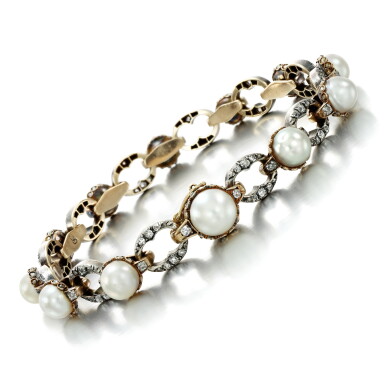 View full screen - View 1 of Lot 250. A silver-topped gold, pearl and diamond bracelet, Vassili Finnikov, St Petersburg, circa 1900.