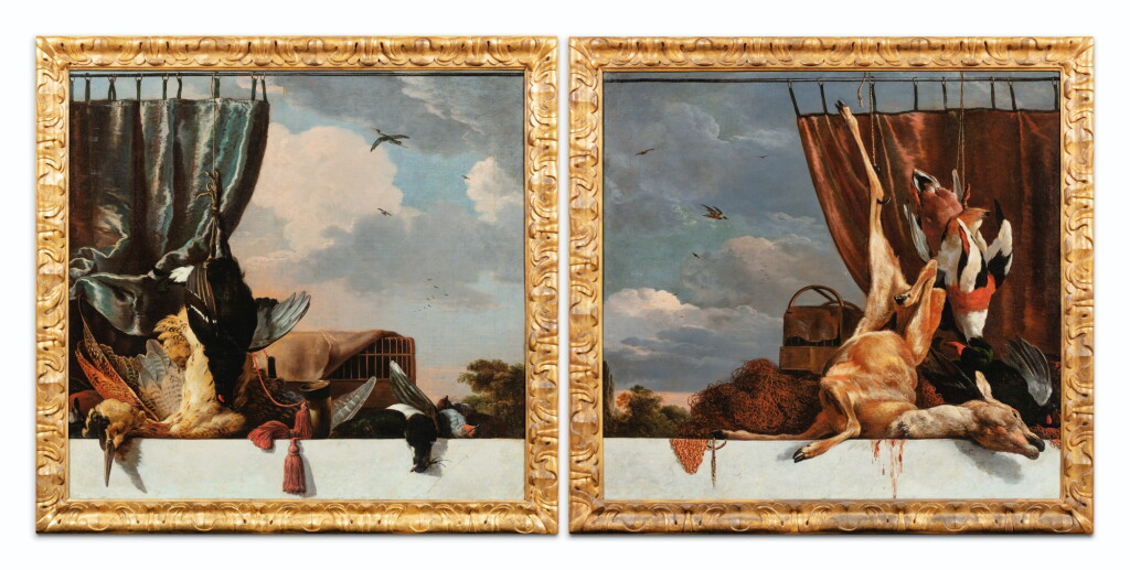 View full screen - View 1 of Lot 32. Still life with a heron and a blue curtain; Still life with a deer and a red curtain.