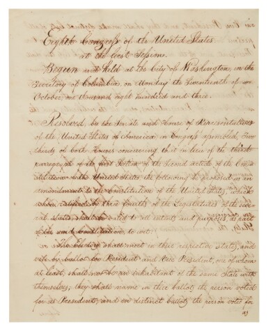 View full screen - View 1 of Lot 70. United States Constitution, Amendment XII | Revamping the Electoral College.