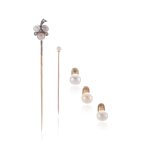 Set of natural pearl dress studs, circa 1893 and two tie pins, late 19th century