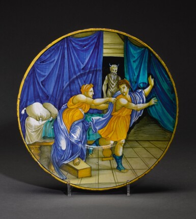 View full screen - View 1 of Lot 1. An Italian maiolica istoriato plate, circa 1530-5, Urbino, workshop or circle of Nicola da Urbino.