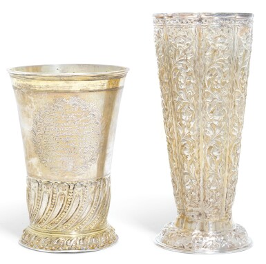 View full screen - View 1 of Lot 110. A GERMAN PARCEL-GILT SILVER BEAKER, PAUL SOLANIER OR PHILIP STENGLIN, AUGSBURG, CIRCA 1704.