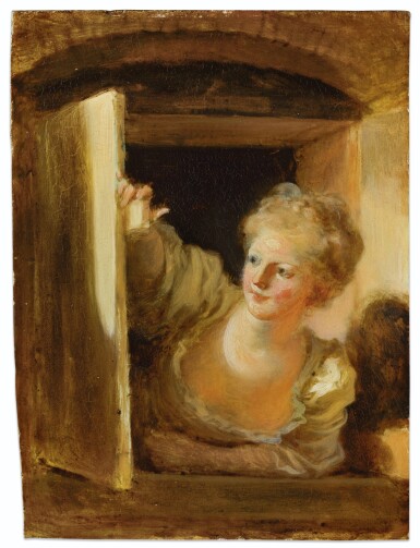 View full screen - View 1 of Lot 73. JEAN HONORÉ FRAGONARD | A YOUNG WOMAN LEANING OUT OF A WINDOW.