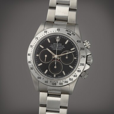 View full screen - View 1 of Lot 274. Daytona 'Patrizzi Zenith ', Reference 16520 | A stainless steel chronograph wristwatch with bracelet and 'tropical' subsidiary dials | Circa 1996.