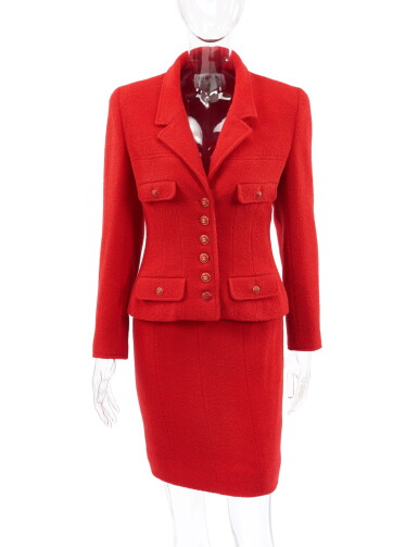 View full screen - View 1 of Lot 81. RED WOOL-BLEND SKIRT SUIT, CHANEL.
