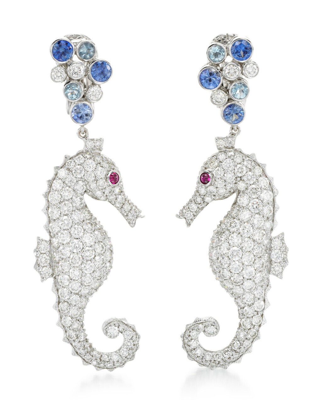 View full screen - View 1 of Lot 289. MICHELE DELLA VALLE | PAIR OF GEM SET AND DIAMOND EAR CLIPS, 'CAVALLUCCI MARINI'.