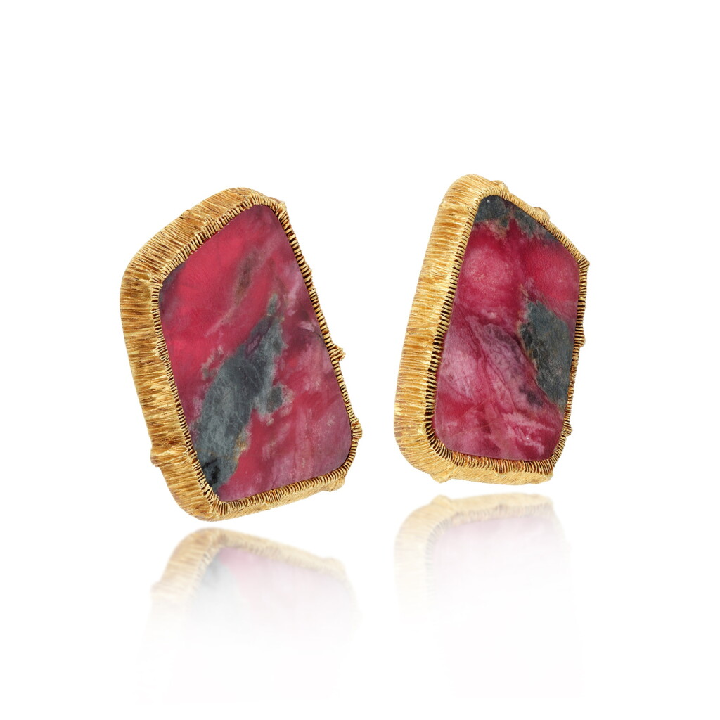 View full screen - View 1 of Lot 128. Rhodonite ear clips, 1971.